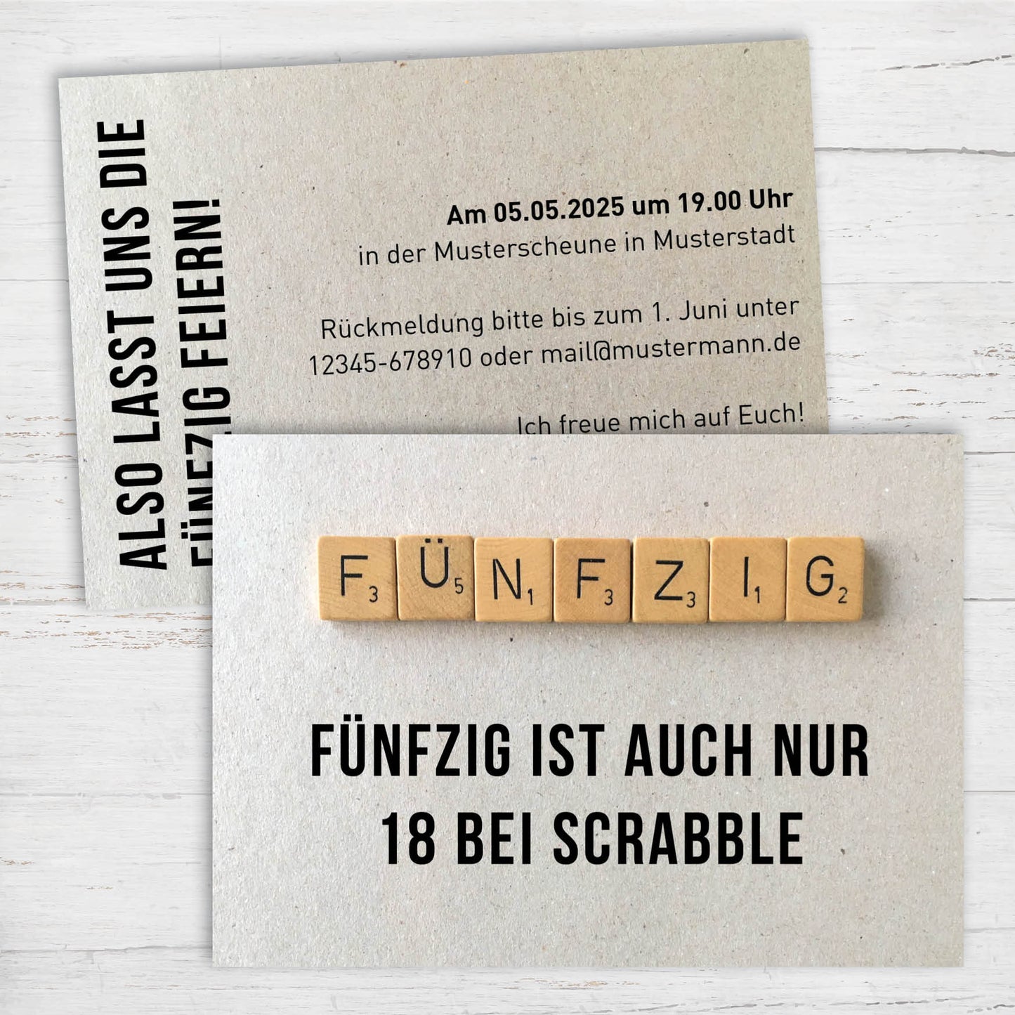 FÜNFZIG ist auch nur 18 bei Scrabble - Einladung zum 50. Geburtstag