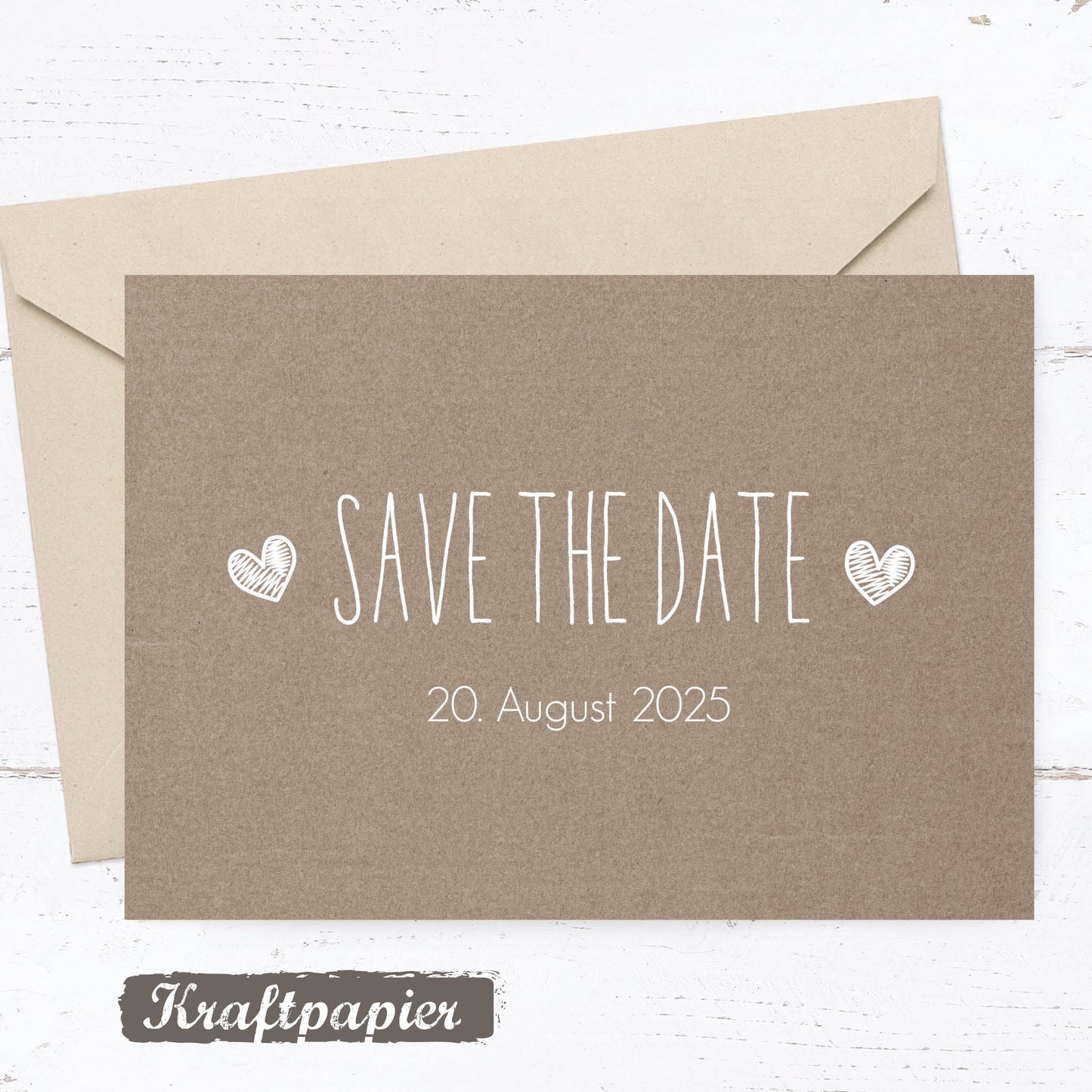Save the Date Karten: Rustikal mit Herz - auf Kraftpapier