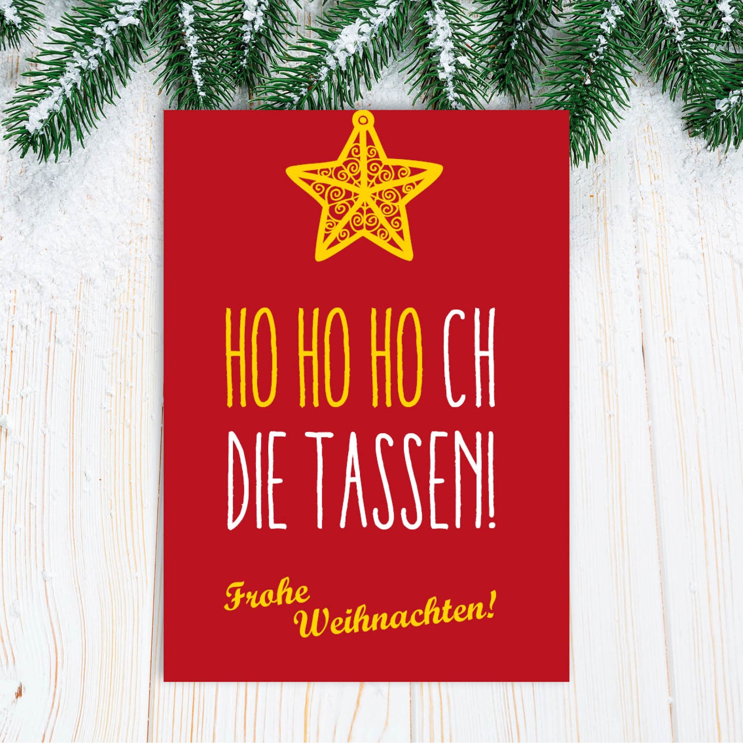 Weihnachts - Postkarte: HO HO HOch die Tassen! - Individuelle Einladung